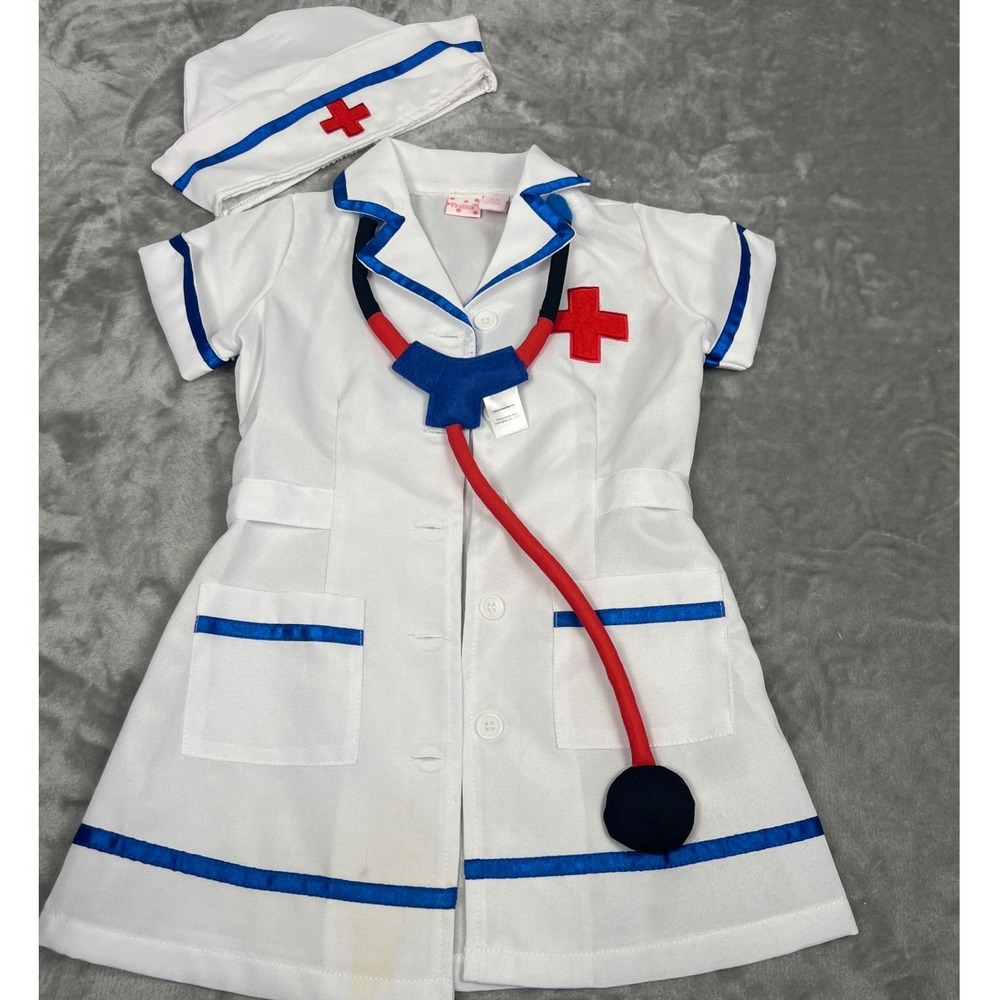 Frolics Kids Nurse Costume Set Dress Hat Stethoscope White Blue 3T